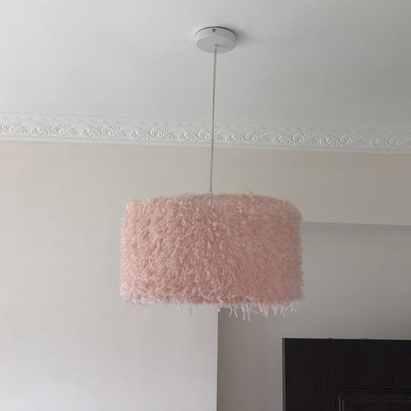 Nordic Pink/White Feathered Pendant Lamp - 1 Bulb Cylindrical/Drum Design 5.5’/8’/14’ Width