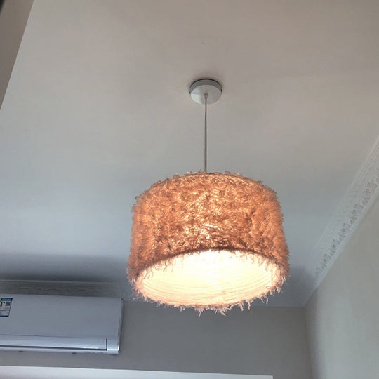 Nordic Pink/White Feathered Pendant Lamp - 1 Bulb Cylindrical/Drum Design 5.5’/8’/14’ Width