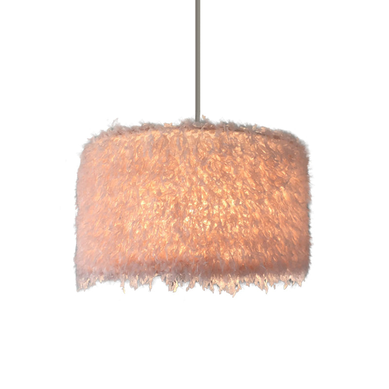 Nordic Pink/White Feathered Pendant Lamp - 1 Bulb Cylindrical/Drum Design 5.5’/8’/14’ Width