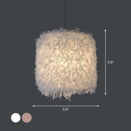 Nordic Pink/White Feathered Pendant Lamp - 1 Bulb Cylindrical/Drum Design 5.5’/8’/14’ Width