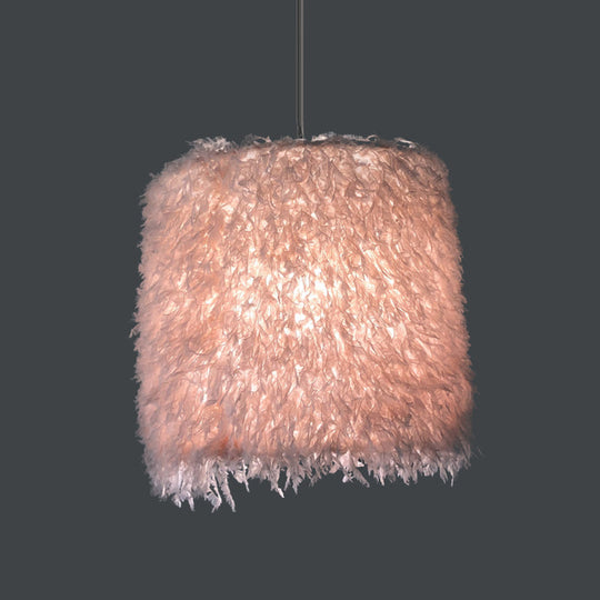 Nordic Pink/White Feathered Pendant Lamp - 1 Bulb Cylindrical/Drum Design 5.5’/8’/14’ Width