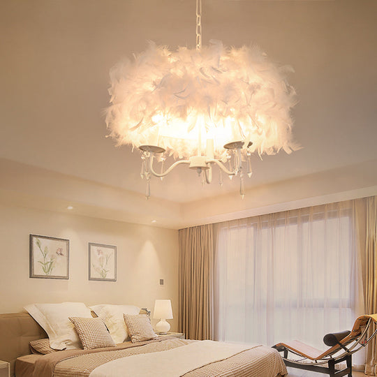 Modern Feather Hanging Light Fixture With Crystal Accent - White/Chrome Candelabra Chandelier (3/5