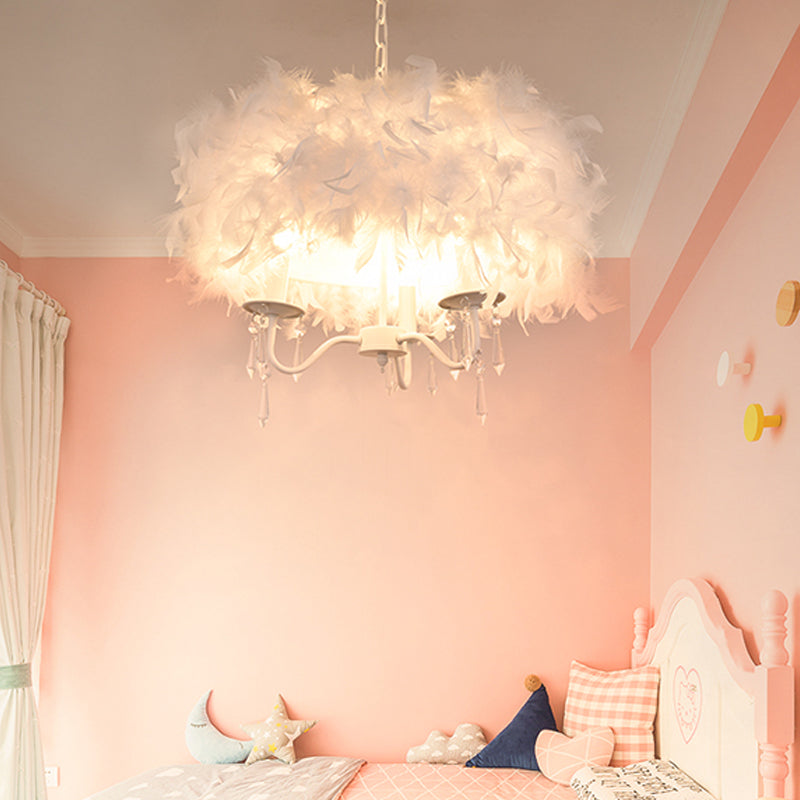 Modern Feather Hanging Light Fixture With Crystal Accent - White/Chrome Candelabra Chandelier (3/5