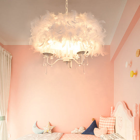 Modern Feather Hanging Light Fixture With Crystal Accent - White/Chrome Candelabra Chandelier (3/5