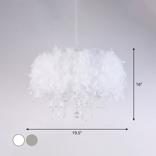 Modern Feather Hanging Light Fixture With Crystal Accent - White/Chrome Candelabra Chandelier (3/5