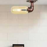 Amber Glass Semi Flush Oval Shade Light Fixture In Weathered Copper With Industrial Pipe Design For