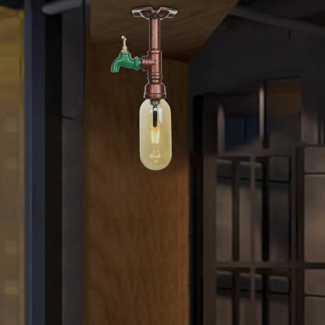 One Light Capsule Semi Flush Industrial Weathered Copper Amber Glass Fixture With Pipe Design / D