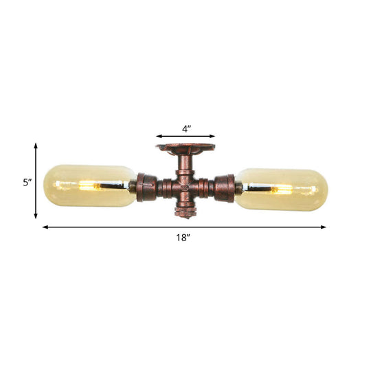Rustic 2 - Bulb Kitchen Ceiling Light With Amber Glass Shade And Weathered Copper Pipe Design