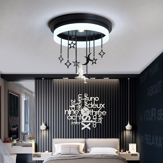 Romantic Black Circle Flush Ceiling Light With Star And Fairy Acrylic Led Lamp - Ideal For