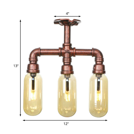 Industrial Style Amber Glass Semi Flush Mount Ceiling Light With Weathered Copper Finish - 3/4/5