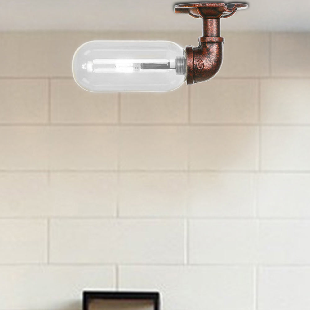 Rustic Copper Single Light Industrial Ceiling Fixture With Clear Glass Capsule Shade And Pipe