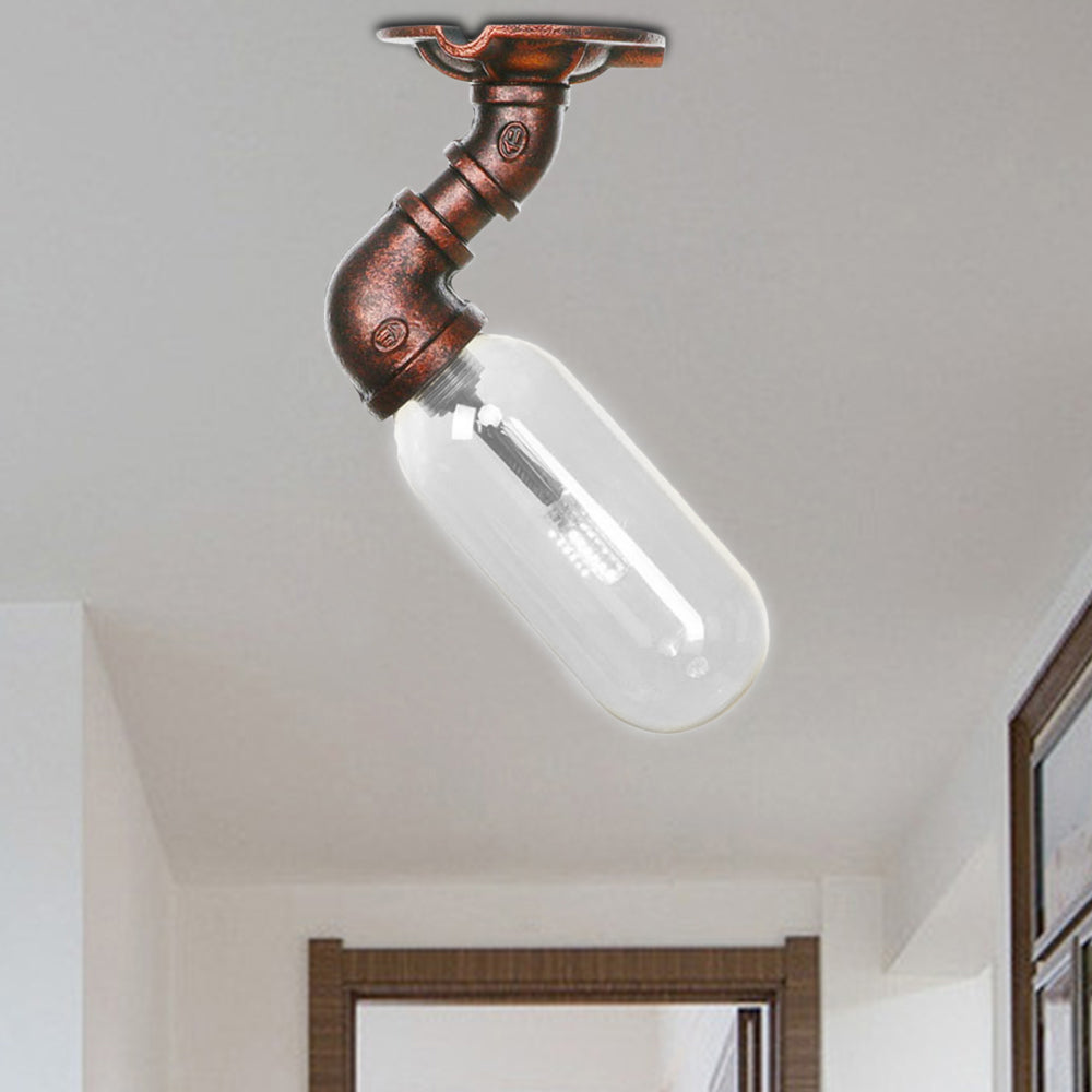 Rustic Copper Single Light Industrial Ceiling Fixture With Clear Glass Capsule Shade And Pipe