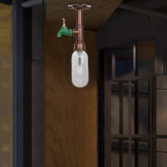 Rustic Copper Single Light Industrial Ceiling Fixture With Clear Glass Capsule Shade And Pipe