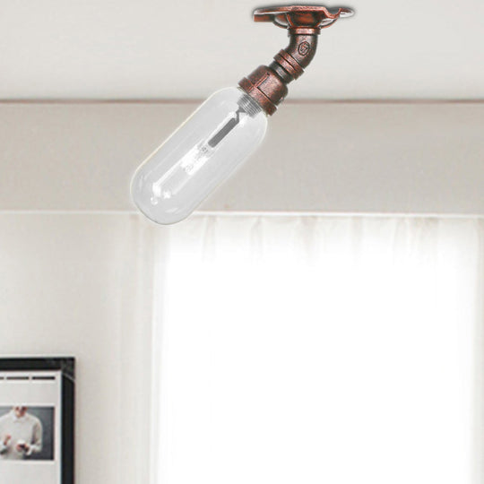 Industrial Bathroom Semi Flush Ceiling Light Fixture With Clear Glass Oval Shade In Weathered