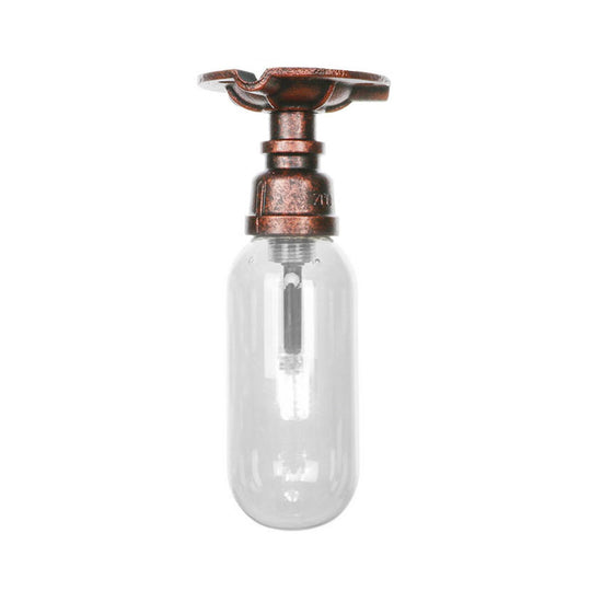 Industrial Bathroom Semi Flush Ceiling Light Fixture With Clear Glass Oval Shade In Weathered