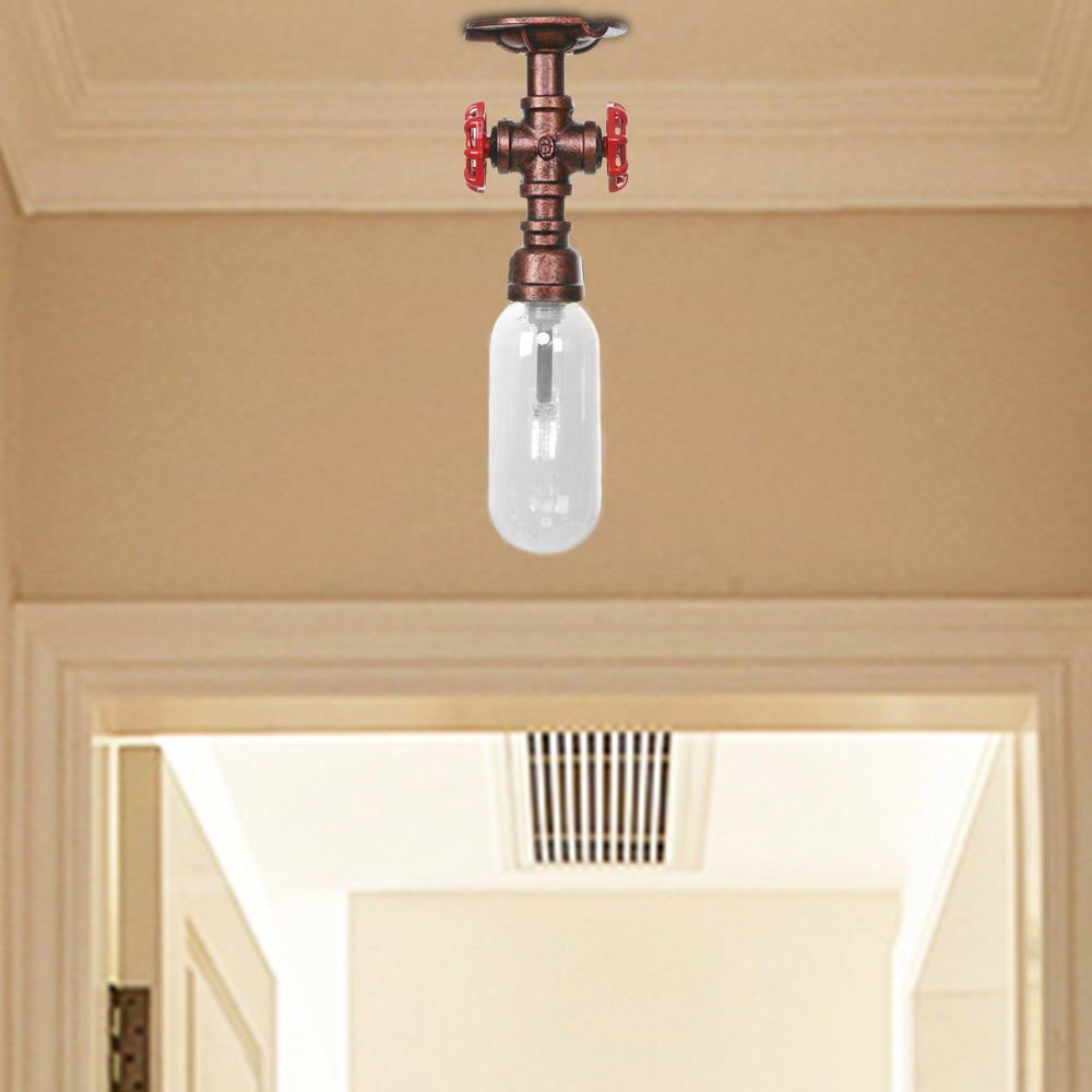 Industrial Bathroom Semi Flush Ceiling Light Fixture With Clear Glass Oval Shade In Weathered