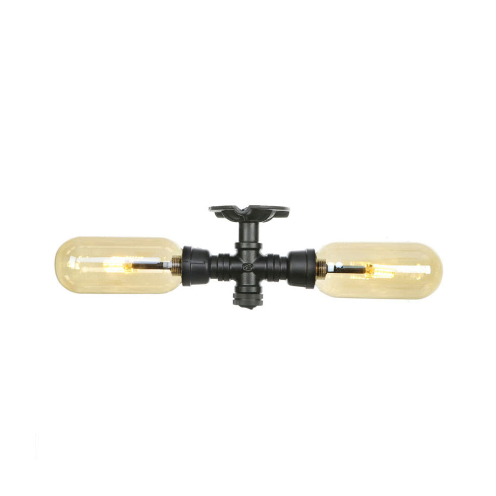 Rustic 2 - Bulb Amber Glass Semi Mount Ceiling Light In Matte Black - Dining Room Lighting With