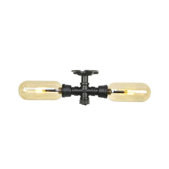 Rustic 2 - Bulb Amber Glass Semi Mount Ceiling Light In Matte Black - Dining Room Lighting With