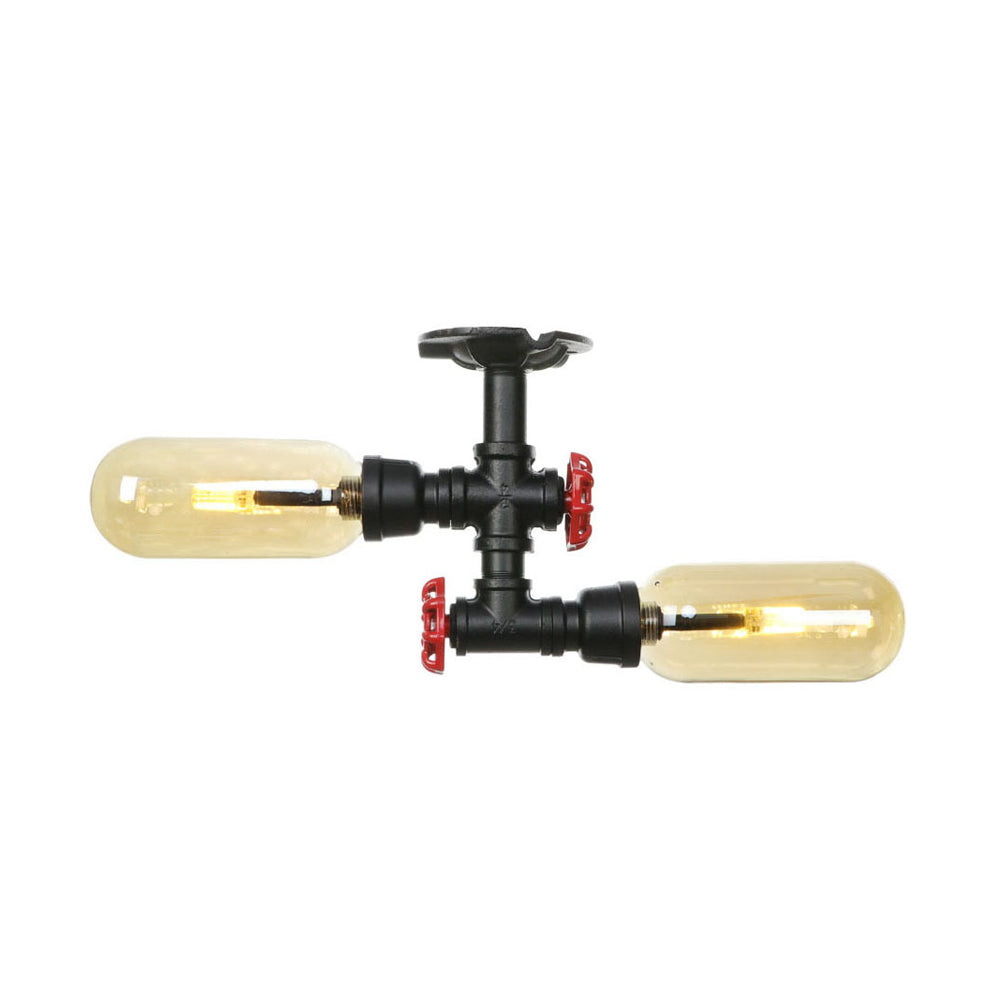 Rustic 2 - Bulb Amber Glass Semi Mount Ceiling Light In Matte Black - Dining Room Lighting With