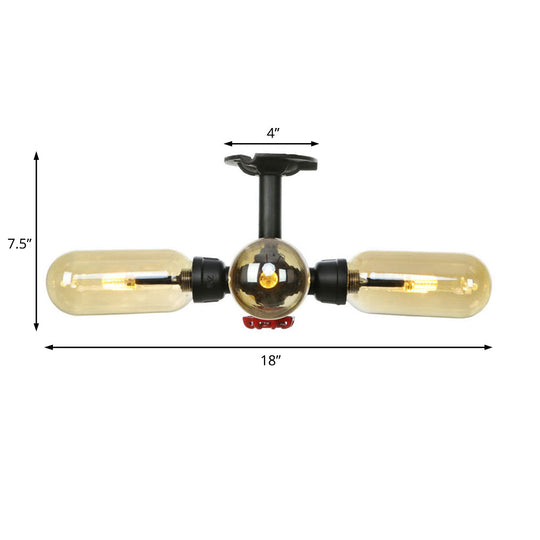 Rustic Amber Glass Ceiling Light With Semi - Flush Design - 4/5/6 Bulbs Matte Black Finish And Pipe