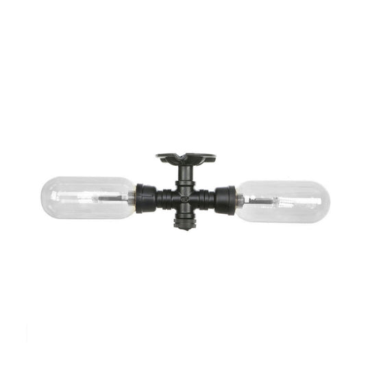 Vintage Matte Black Semi Mount Ceiling Light With Clear Glass Shades - 2 - Light Capsule Design