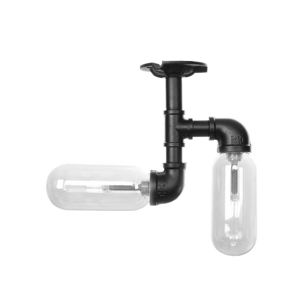 Vintage Matte Black Semi Mount Ceiling Light With Clear Glass Shades - 2-Light Capsule Design