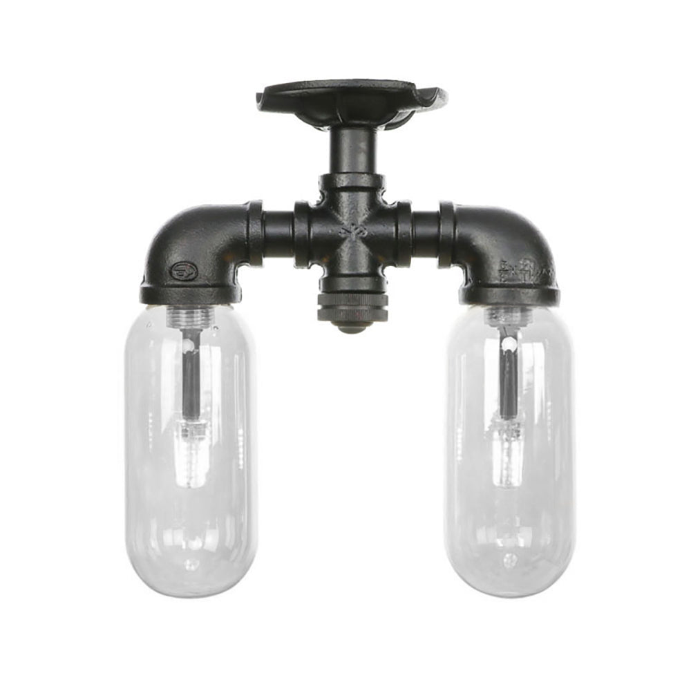 Vintage Matte Black Semi Mount Ceiling Light With Clear Glass Shades - 2 - Light Capsule Design