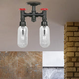 Vintage Matte Black Semi Mount Ceiling Light With Clear Glass Shades - 2-Light Capsule Design