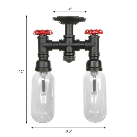 Vintage Matte Black Semi Mount Ceiling Light With Clear Glass Shades - 2-Light Capsule Design