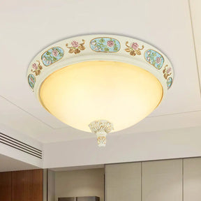 2/3 - Head Flush Mount Opaline Glass Dome Ceiling Light With Flower Decor In Blue And White