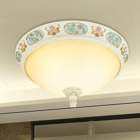 2/3-Head Flush Mount Opaline Glass Dome Ceiling Light With Flower Decor In Blue And White 14/19 Wide