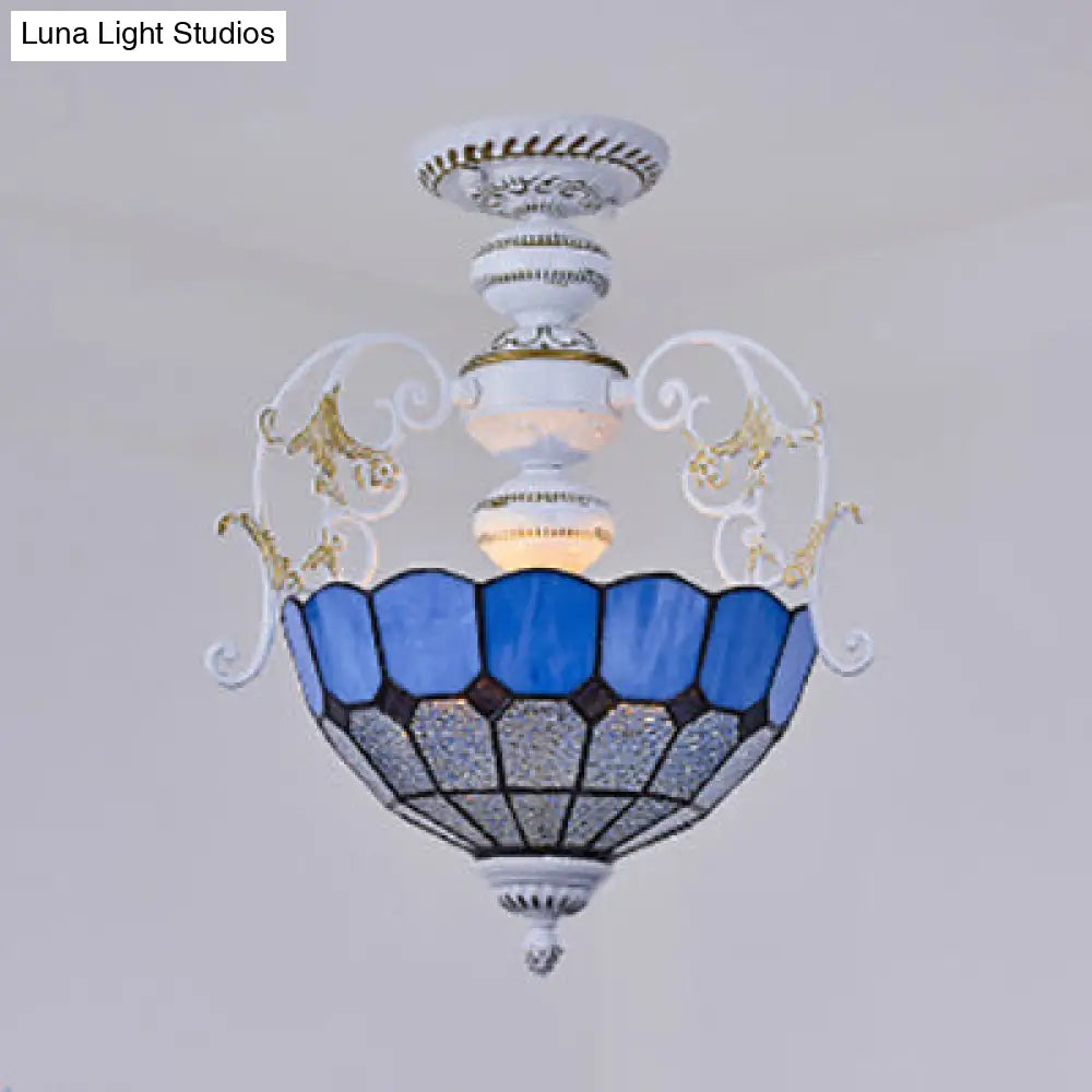 2-Bulb Bowl Semi Flush Light In White With Tiffany Stained Glass Various Colors / Square