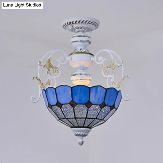 2-Bulb Bowl Semi Flush Light In White With Tiffany Stained Glass Various Colors / Square