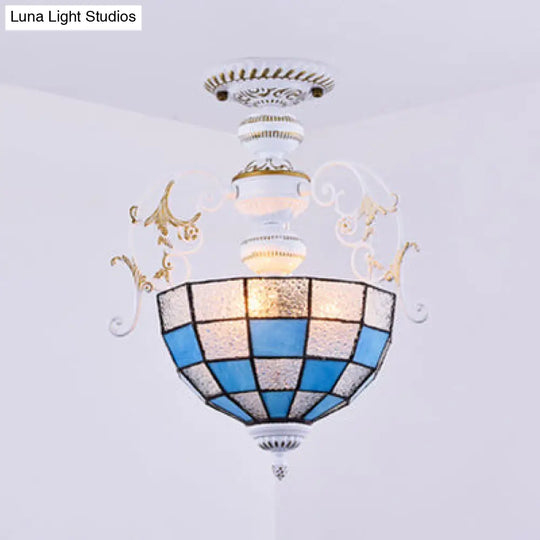 2-Bulb Bowl Semi Flush Light In White With Tiffany Stained Glass Various Colors / Blue Diamond