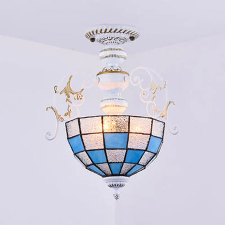 2-Bulb Bowl Semi Flush Light In White With Tiffany Stained Glass Various Colors / Blue Diamond