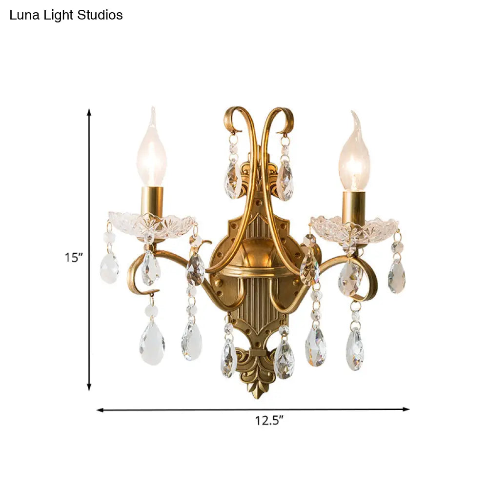2-Bulb Traditional Gold Wall Light With Crystal Raindrop Draping