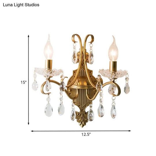 2-Bulb Traditional Gold Wall Light With Crystal Raindrop Draping
