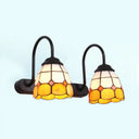 2-Head Baroque Blue/Yellow Glass Wall Mount Vanity Lighting Fixture With Grid Pattern Yellow