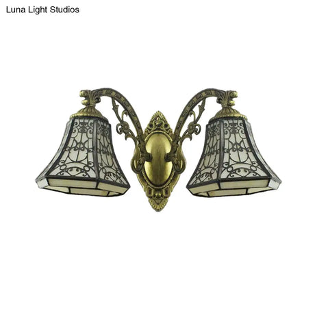 2-Head Beige Glass Bell Wall Sconce With Rustic Lodge Fence Design