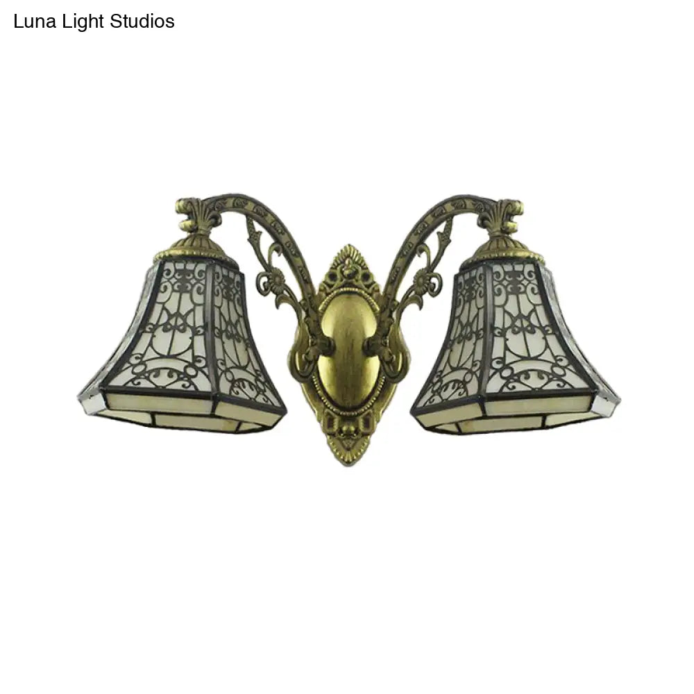 2-Head Beige Glass Bell Wall Sconce With Rustic Lodge Fence Design