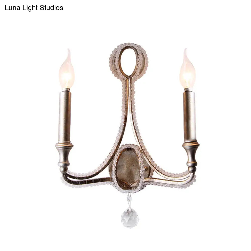 2-Head Retro Loft Fabric Wall Light - Conical Sconce With Crystal Beaded Strand Aged Silver