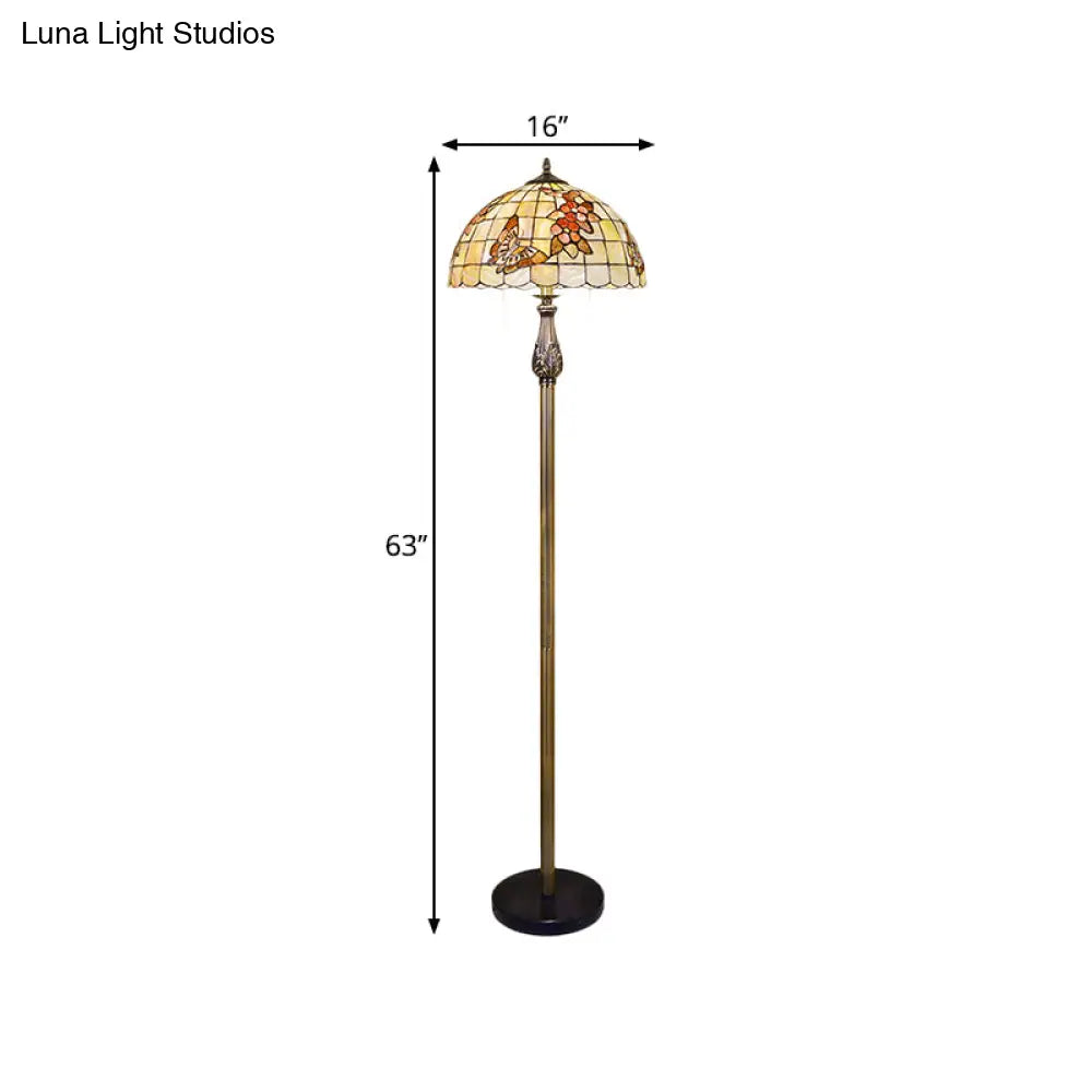 2-Head Tiffany Scalloped Dome Shell Floor Reading Lamp - Butterfly And Flower Patterned Lighting In