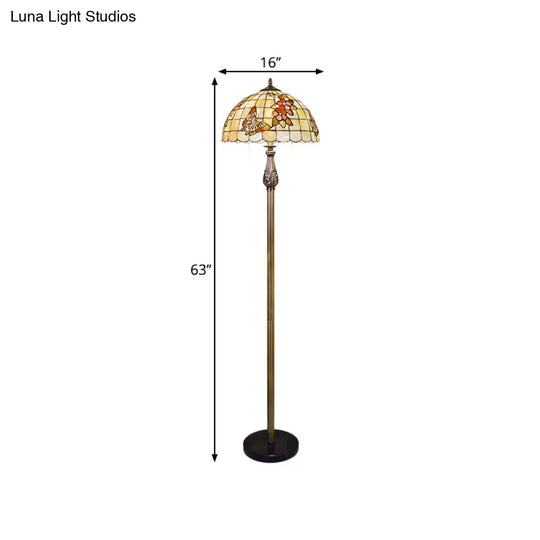 2-Head Tiffany Scalloped Dome Shell Floor Reading Lamp - Butterfly And Flower Patterned Lighting In