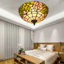 2-Head Tiffany-Style Stained Glass Rose Ceiling Flush Mount For Bedroom Bronze