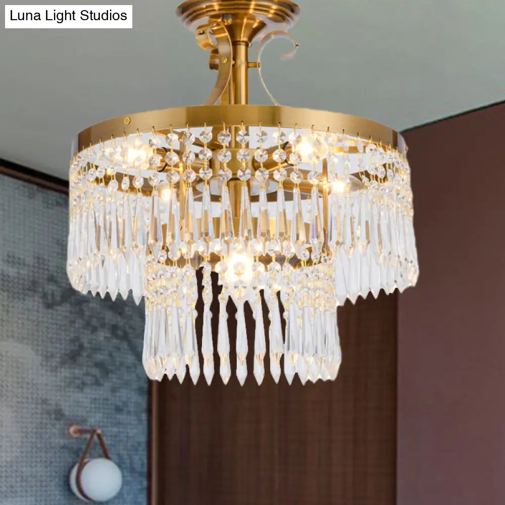 2 - Layer Semi Flush Crystal Ceiling Lamp With 6 Bulbs - Modernist Cut Brushed Brass Finish