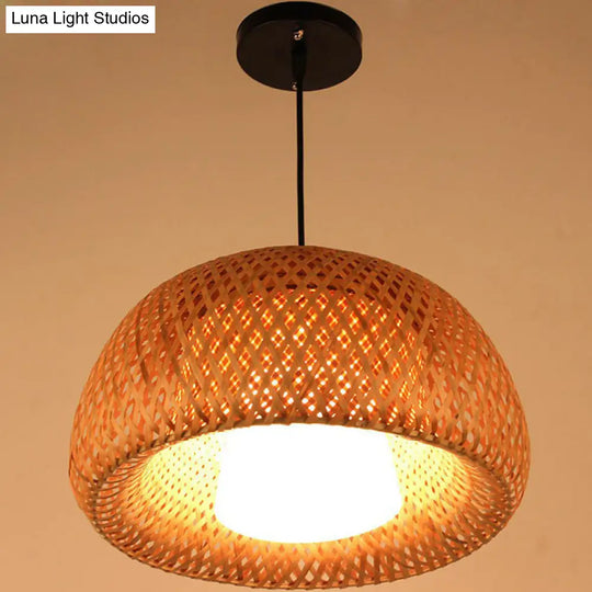 2-Layered Bamboo Dome Ceiling Pendant Light - Single-Bulb Tea Room Hang Lamp In Wood
