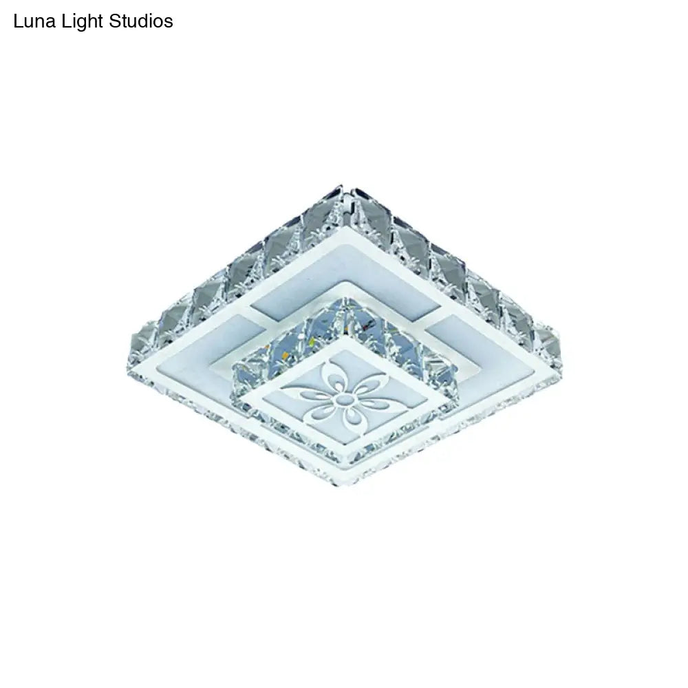 2-Layered Crystal White Flush Mount Lamp: Square Led Ceiling Light With Flower Pattern In Warm/White