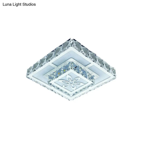 2-Layered Crystal White Flush Mount Lamp: Square Led Ceiling Light With Flower Pattern In Warm/White