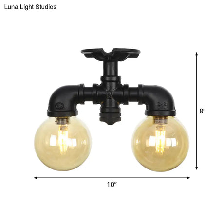 2 - Light Amber Glass Semi Flush Antiqued Black Sphere Ceiling Lamp