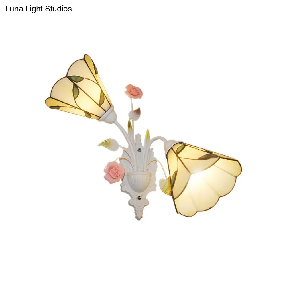 2-Light Baroque White Wall Sconce With Stained Glass Shade - Perfect For Living Room